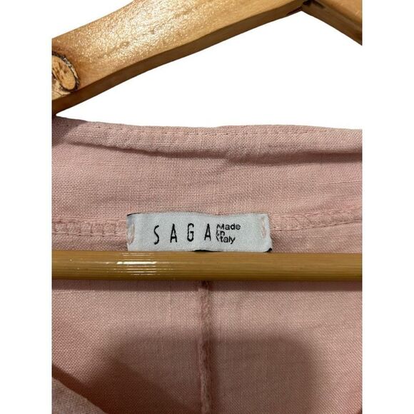 Saga Blush Pink 100% linen Italy Asymmetrical V-Neck Adjustable Cuff Blouse Size - Picture 6 of 16